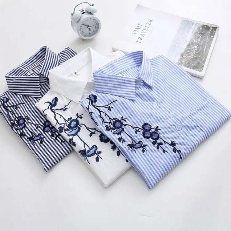 Ih Цветочная вышивка полосатая блузка женская рубашка с длинным рукавом и топы