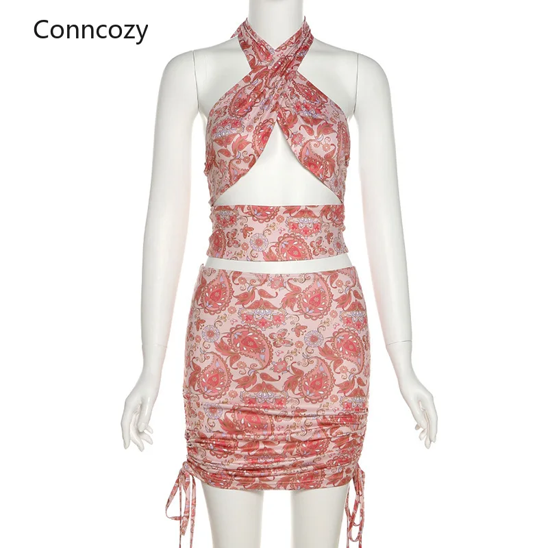 

Bandage Halter Print 2021 Two Piece Sets Women Club Backless Sexy Hot Tops+Drawstring Stacked Skirts Summer Vacation Outfits