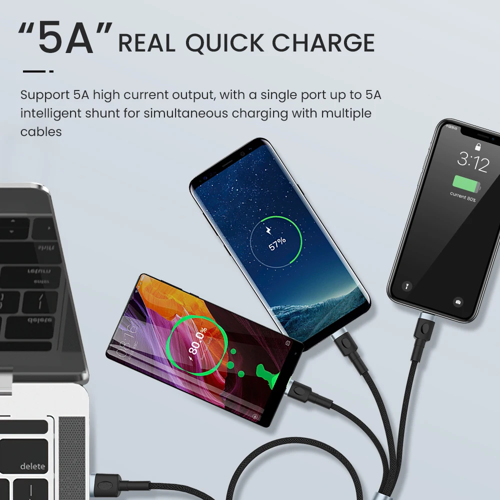 

120cm 3 In 1 USB Data Cable Micro USB/Type C/8 Pin For iPhone Charger Cable 5A Fast Charging Cord For iPhone 12 Xiaomi Redmi K40