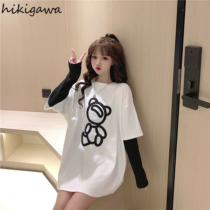 

Hikigawa Women's Clothing Fake Two Piece Full Sleeve Tshirts Long Cartoon Print T Shirts O-neck Japan Cute Student T-shirts 2021