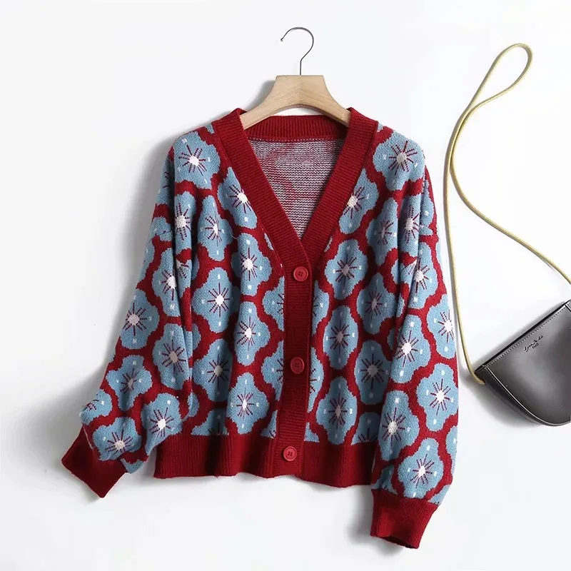 

2021Women's Sweater Knit Cardigan Jacket Retro Flower Loose Long Sleeve Coat Korean Button University Cardigan Top Woman sweater