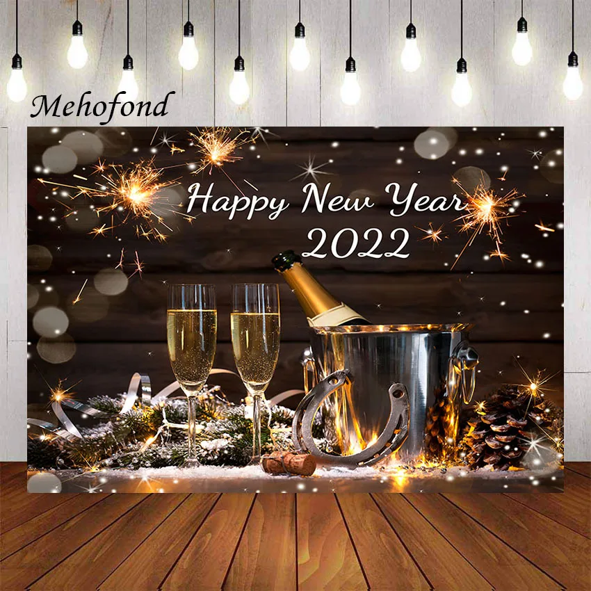 

Фон Mehofond с новым годом 2022 для фотосъемки фейерверк карнавал ведро шампанского деревенская деревянная доска фон для фотостудии