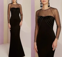 2022 sexy black mermaid evening party dresses elegant illusion long sleeve beading vestidos longo robe de soiree