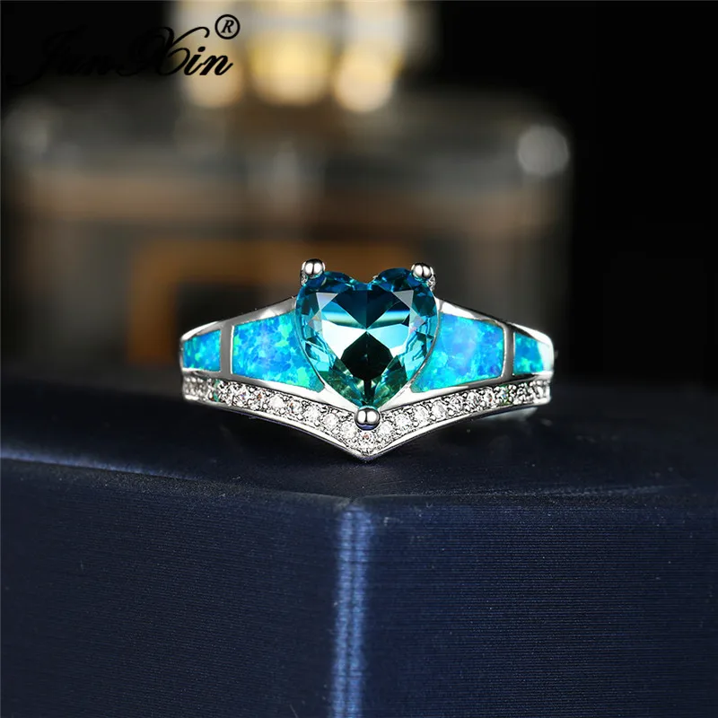 Женское кольцо с голубым огненным опалом обручальное розовым и зеленым цирконом