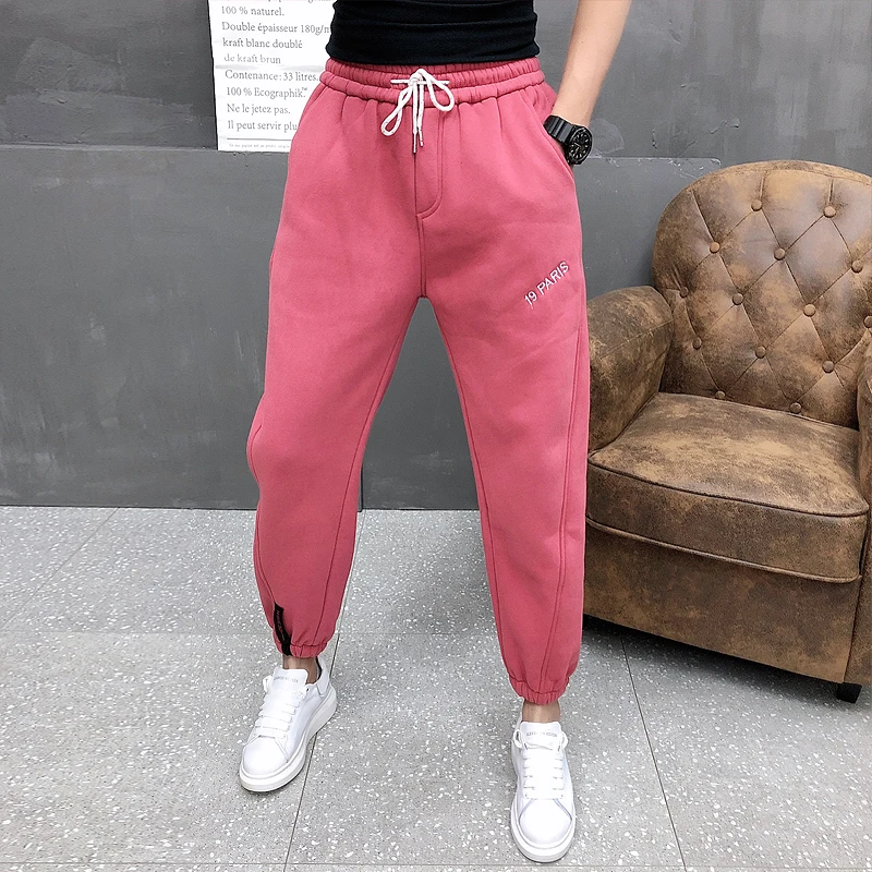 Мода 2019 розовые спортивные штаны для мужчин толстые теплые свободные мужские
