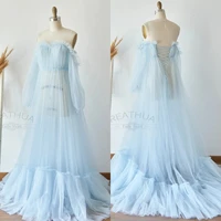 light blue tulle maternity gowns for photoshoot off the shoulder maternity dresses photography pregnancy women long dress