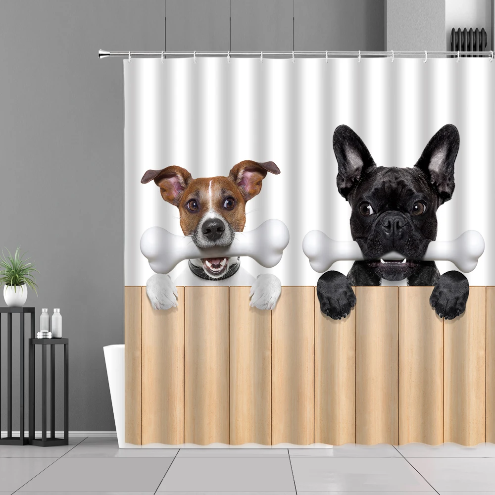 

Funny Animal Dog Bones Pattern Shower Curtain Cute Pet Bulldog Waterproof Bath Curtains Children Room Home Bathroom Decor Screen