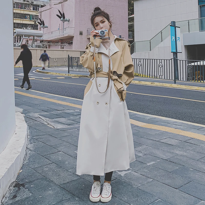 Тренчкот женский двубортный длинное пальто в стиле пэчворк весна-осень бежевая