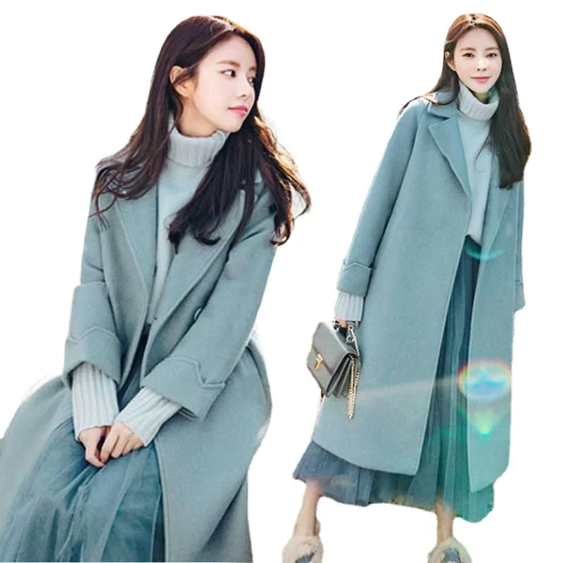 

Длинное свободное пальто NicePop в Корейском стиле, осенне-зимнее повседневное теплое шерстяное пальто, женская модная шерстяная куртка с лацк...