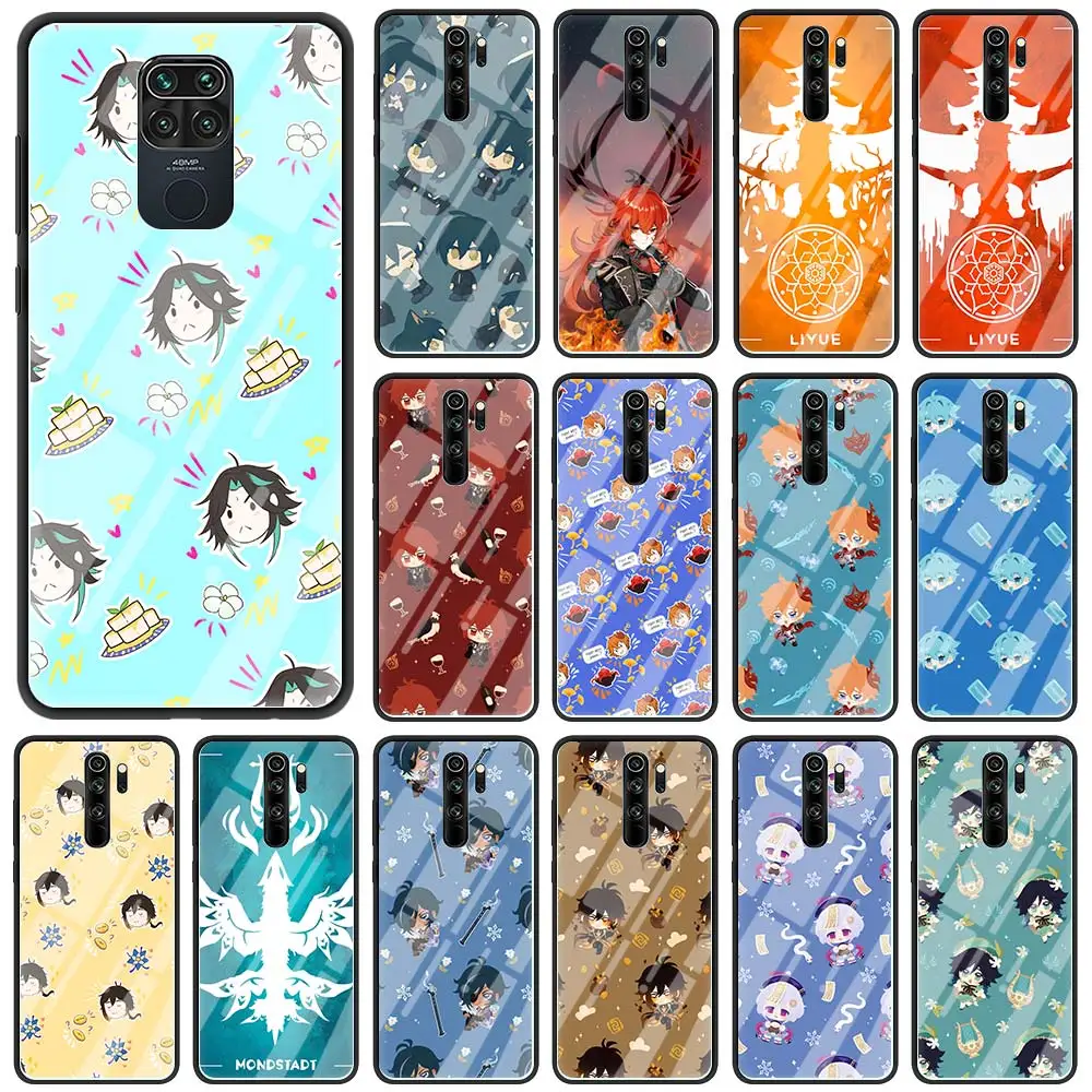 Чехол для телефона Xiaomi Redmi Note 9S 9 10 8 Pro 8T 7 8A 9A 9C K40 стеклянный чехол Poco X3 NFC Shell Genshin Impact