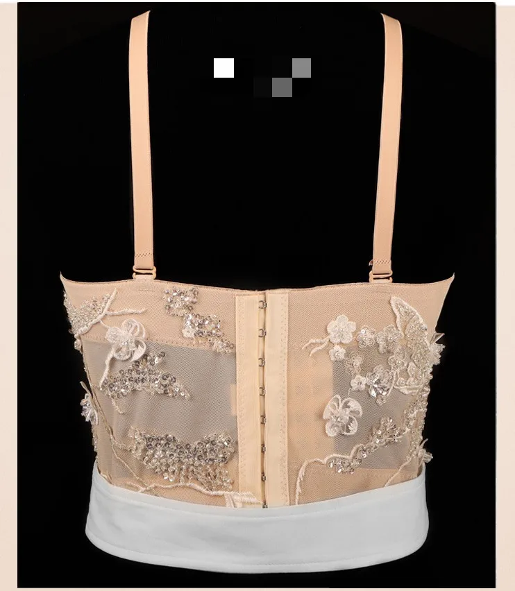 Sexy Lace Spaghetti Strap Sleeveless Backless Camis Hollow Out Off Shoulder Sequins Pearl Padded Push Up Women Dance Crop Top