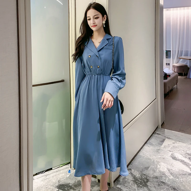 Новинка весны 2020 женское синее плиссированное платье с длинным рукавом