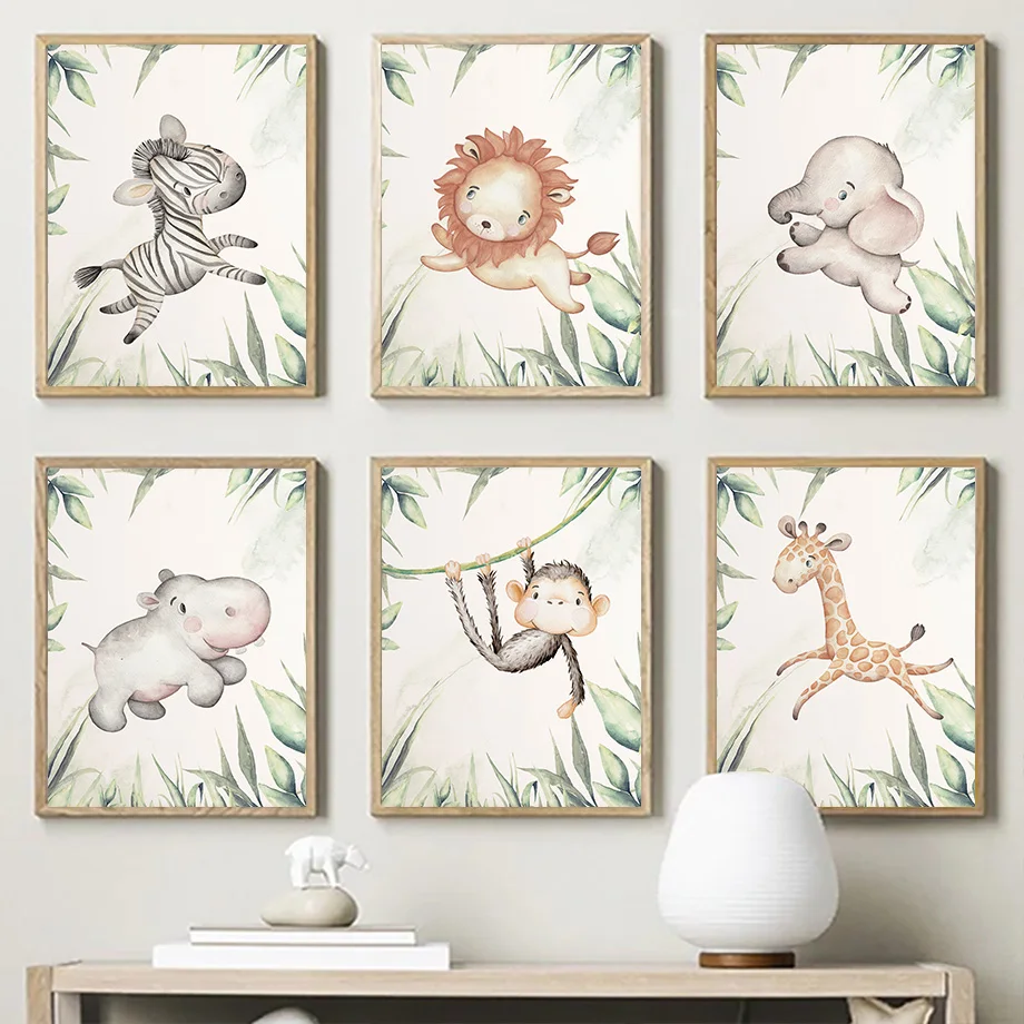 

Green Plants Lion Elephant Monkey Hippo Wall Art Canvas Painting Nordic Posters And Prints Nursery Wall Pictures Kids Room Decor