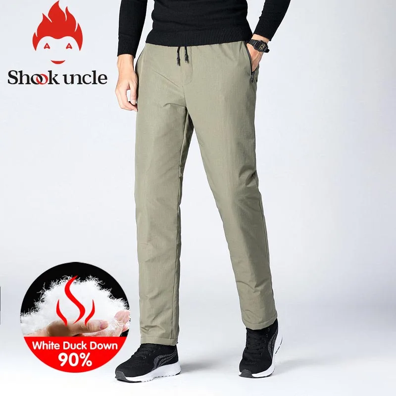 Зимние теплые мужские пуховые брюки 90% на белом утином пуху уличные спортивные