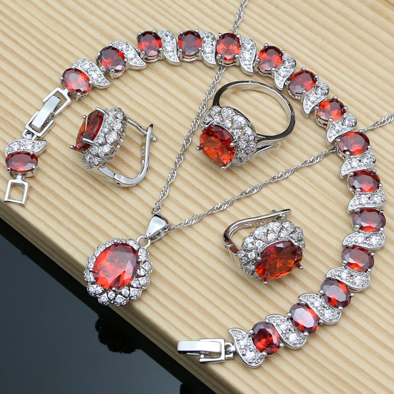 

Women 925 Sterling Silver Jewelry Sets Birthday Mom' S Jewelry Red Tanzanite Bracelet Rings Earrings Pendant Necklace Set