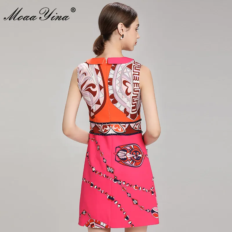 

MoaaYina Fashion Designer dress Summer Women's Short Dress Peter pan Collar Sleeveless Printed Beading Mini Dress Vestidos