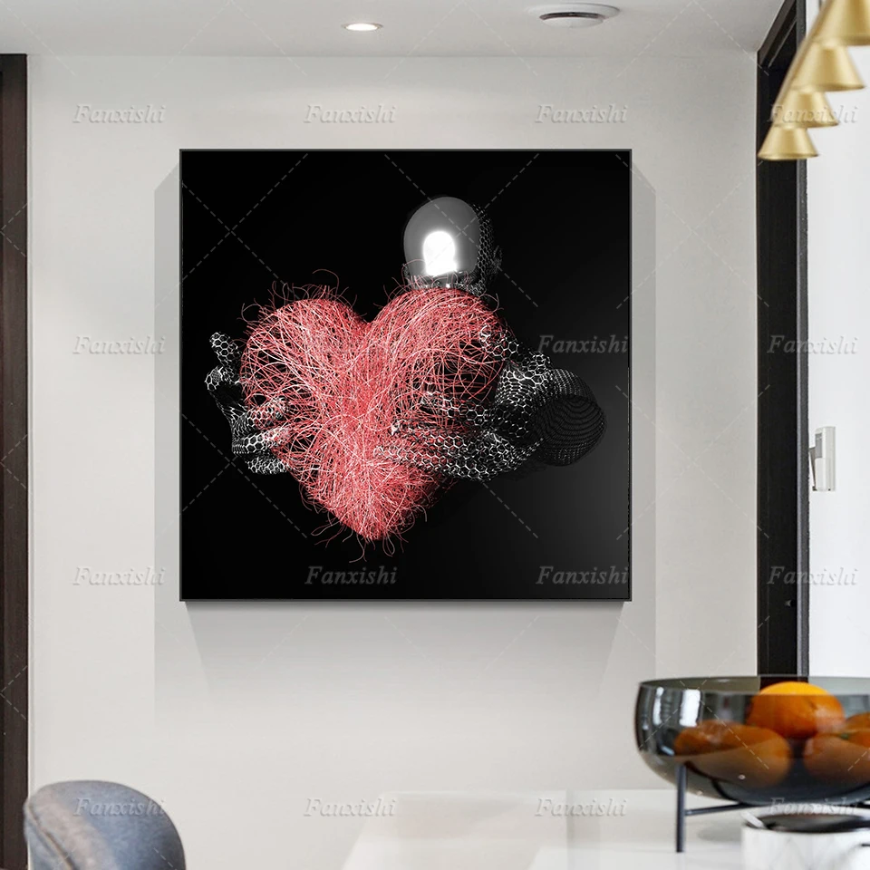 

Abstract 3d Heart Painting Posters And Prints On Canvas Metal Statue Silver Wall Art Pictures For Living Room Anniversary Gifts