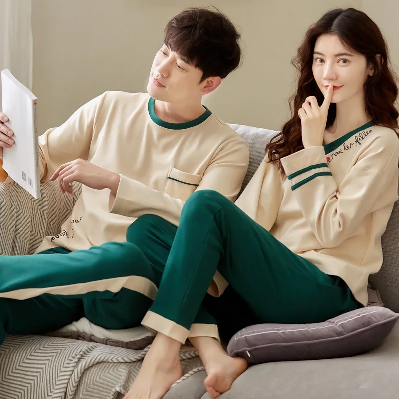 

Couples' Concise Leisure Homewear Novelty Spring Autumn Cotton Two-Piece Loose Pajamas Suits Sweet Breathe Freely Sleepwear