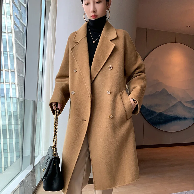 

Новинка 2021, Женское шерстяное пальто, двустороннее шерстяное пальто из 100% чистой шерсти, пальто с длинным поясом, толстое теплое пальто высо...