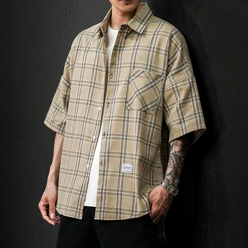 Рубашка мужская с коротким рукавом клетчатая сорочка кроя slim fit для отдыха