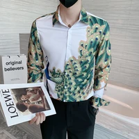 2021 korean style brand clothing mens business long sleeve shirtsmaleslim fit peacock printed casual shirts plus size s 3xl