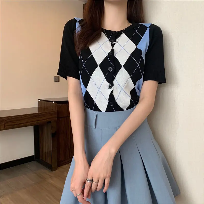 

Summer Vintage Argyle Printed Knitted Cardigans Y2K Retro Sweaters Preppy Style Jumpers Short Sleeve Knitwear Women Crop Top