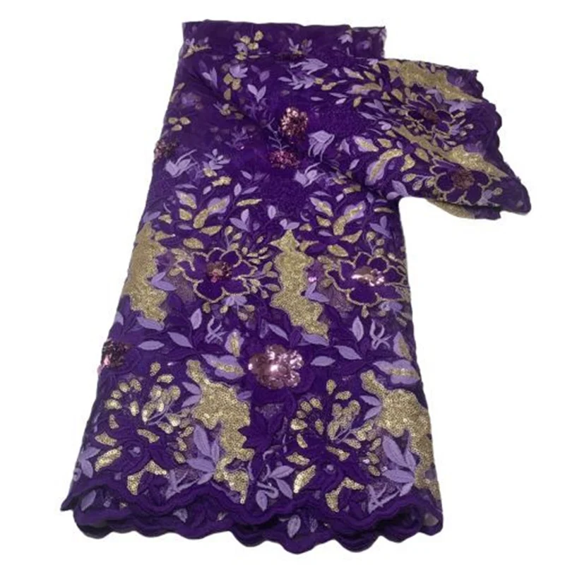 

African Nigerian Sequins 3d flower Lace Fabric 5 Yards 2022 High Quality Tissue Gold/ Purple Net Lace Fabric For Diy Dress Sew