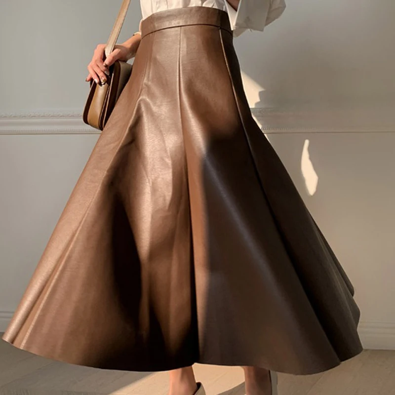 

Black Solid PU Leather Elegant Midi Skirt Women 2021 Spring High Waist Office Ladies A Line Flared Skirts Faux Leather
