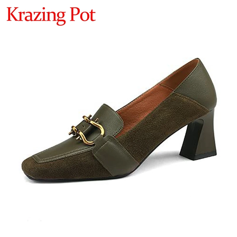 

Krazing pot ins green color modern genuine leather spring square toe metal fasteners strange high heels slip on women pumps l21