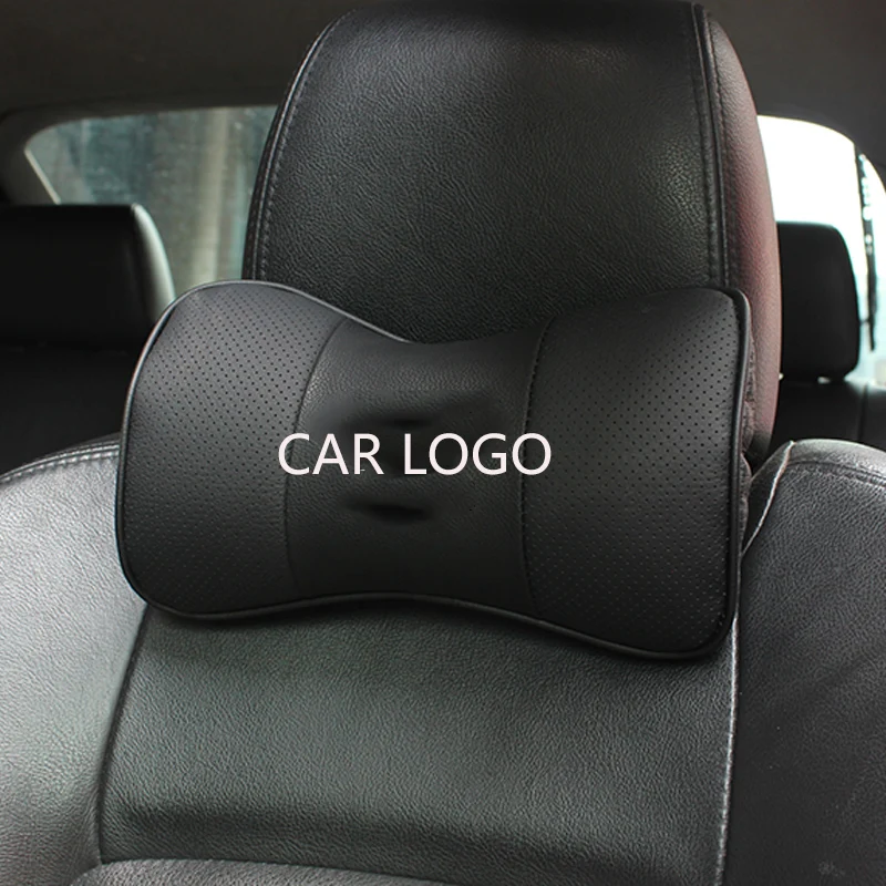 

2PC Genuine Leather Bone-Shaped Car Seat Pillow Neck Rest Headrest Comfortable Black Cushion Pad custom Logo Pattern