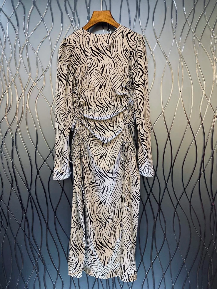 

Spring 2021 New Dresses for Women Casual Round Neck Drawstring Printed Long-Sleeved Dress Fashion Elegant Slim-Fit Maxi Dress