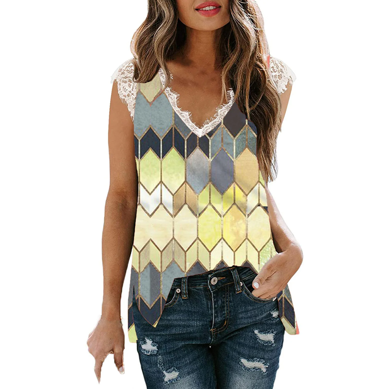 

Lace Stitching Rhombus Print Summer Sleeveless Shirt Women Color Block Patchwork Vest Printed Pullovers V-neck Casual Tank Tops