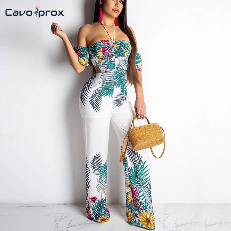 Женский комбинезон с открытыми плечами принтом и узлом сзади широкими штанинами