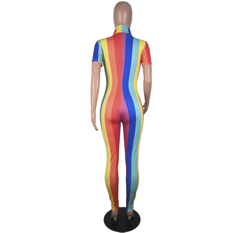 Rainbow Striped Rompers Womens Jumpsuit Summer Front Zipper Short Sleeve Bodycon Overall Streetwear Deep V Neck Skinny Bodysuits