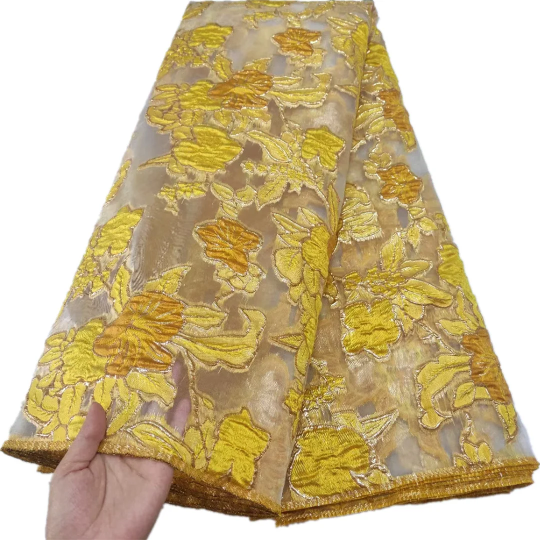 African Jacquard Lace Fabric 5 Yards 2021 High Quality Nigerian Brocade Lace Fabric Yellow Gilding For Sew Diy Dress Wedding