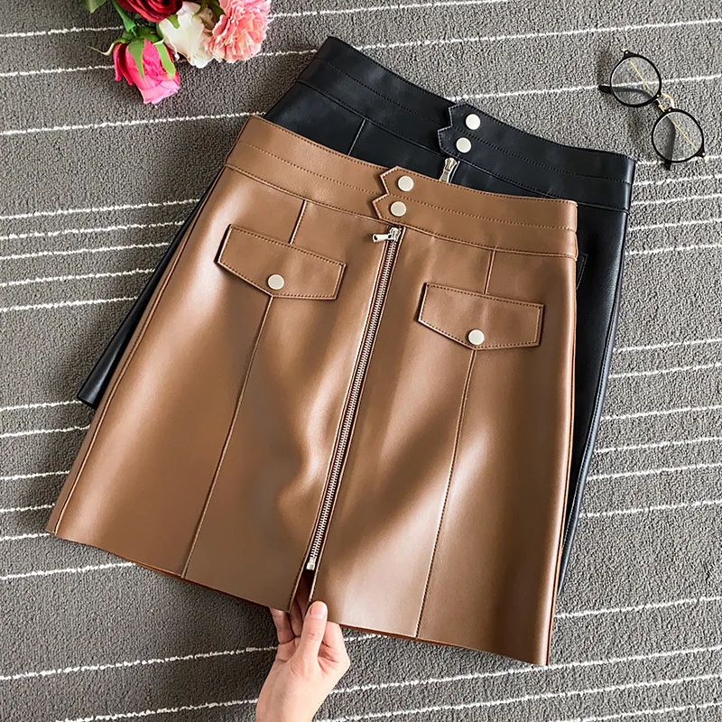 

Designer women's New High-rise Leather Skirt High quality Sheepskin Genuine leather A-line skirt C499