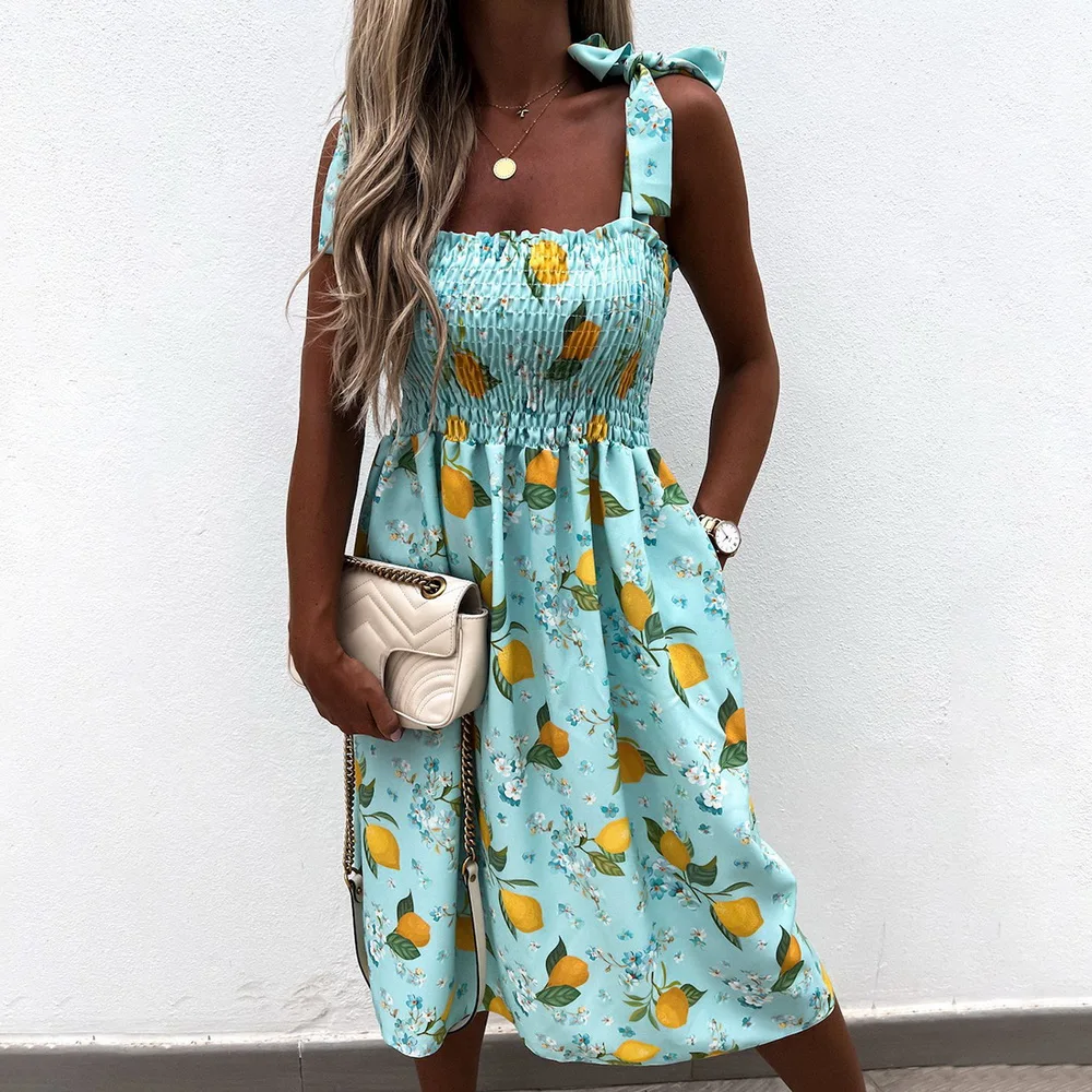 

Fashion Women Summer Flower Print A-Line Dress Shrinkage Design Bandage Decor Sling Sleevelss Square Collar Slim Dress