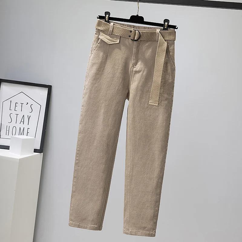 

pantalon pour femme Khaki Loose Casual Belt Jeans Pocket Simple Street Fashion Pants Women's Plus Size 4XL 2021 Korean Vintage