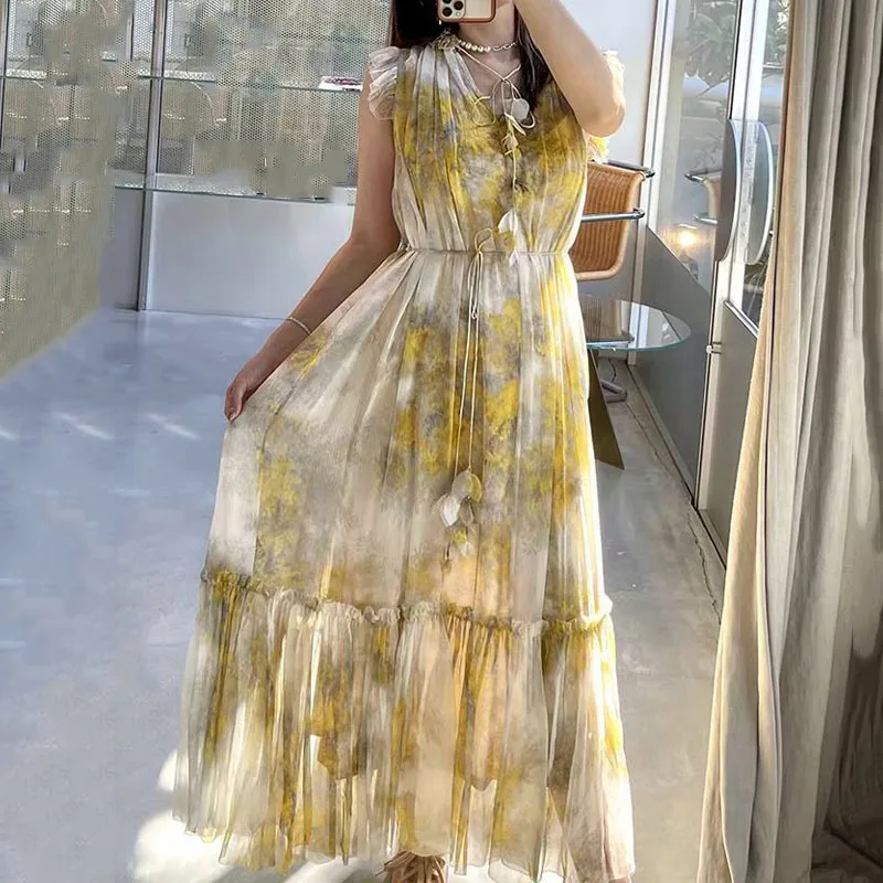 

Woman Yellow Print Long Dresses 2021