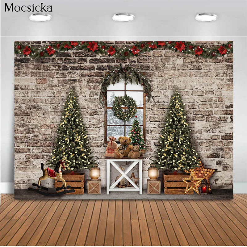 

Mocsicka Xmas Photography Background Christmas Tree Fireplace Backdrop Wreath Child Portrait Decoration Props Photo Studio
