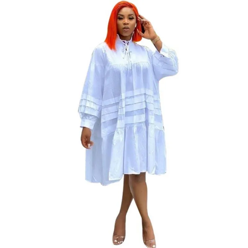 

African Dresses For Women Lace Up Stand Collar Full Sleeve Ropa Mujer Spring Autumn Loose Ruffle Splice Streetwear African Dress