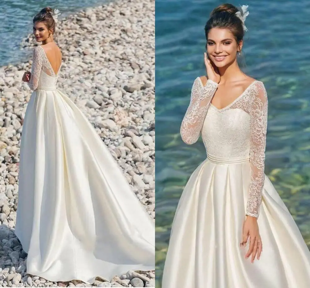 

Modern Long Sleeves Lace Satin Dresses for Wedding Party V-neck Backless Beach Bridal Dress Wedding Gowns trouwjurk 2020