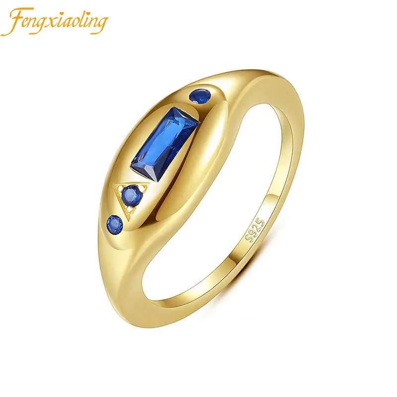 

Real 100% 925 Sterling Silver Geometric Blue Zircon Engagement Rings For Women 14k Gold Plated Wedding Bands Fine Jewelry Gift