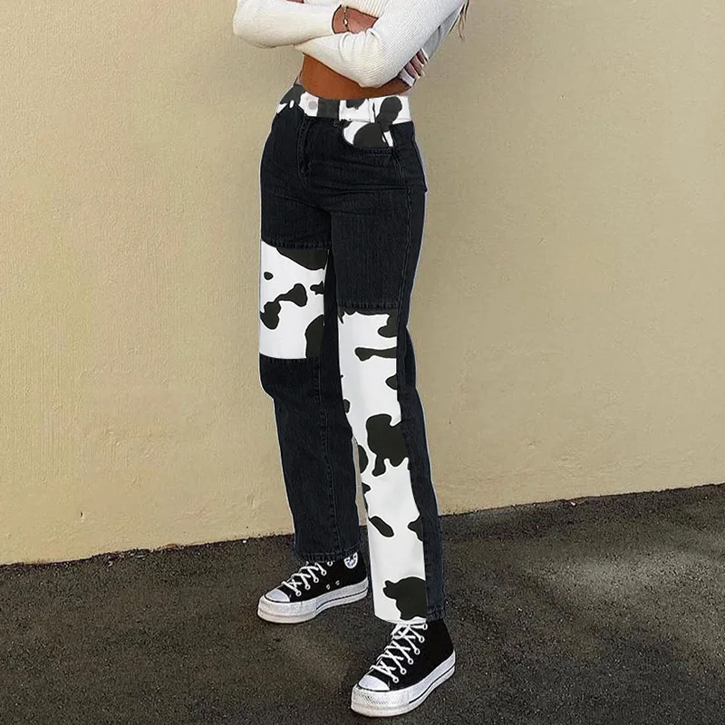 

Patchwork Cow Print Jeans Women Y2K Casual High Waisted Pants Capris Harajuku 90s Black Long Trousers Ladies Street