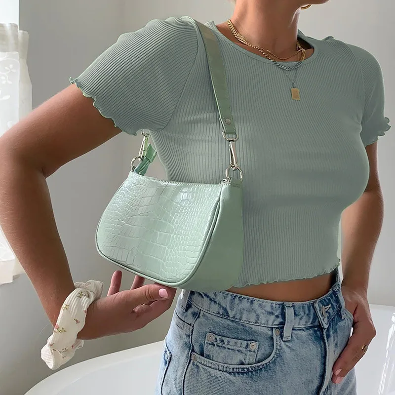 

Женская футболка с короткими рукавами, однотонная модная футболка в европейском и американском стиле с открытым пупком и волнистыми краями...