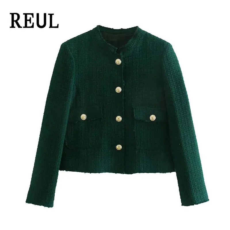 

REUL Women Fashion Thick Tweed Cropped Jacket Coat traf Vintage Long Sleeve Buttons Pockets Female Outerwear Chic Veste Femme