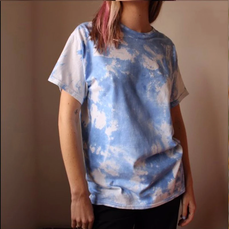 

Vintage blue Tie Dye T Shirt For Women O Neck Short Sleeve Fashion Kawaii Clothes 2021 Summer Plus Size Loose Casual Pullover