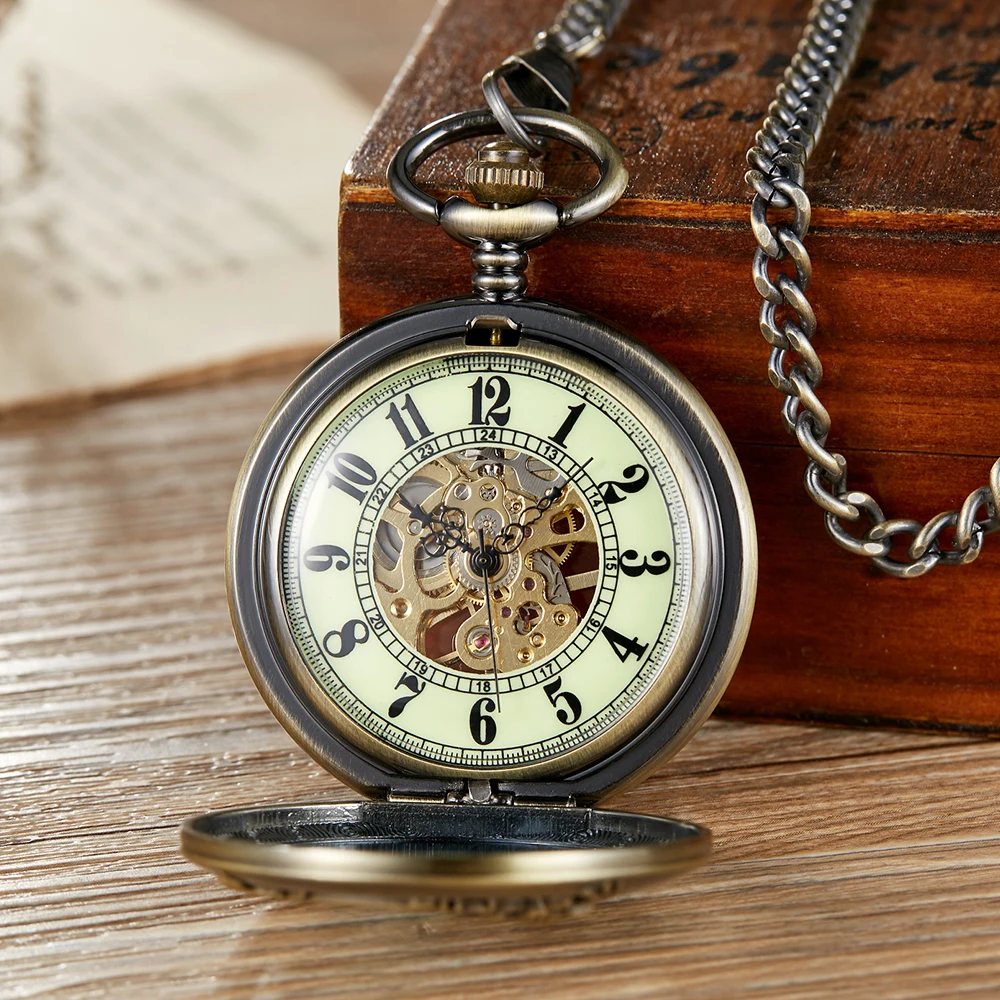 Retro Zodiac Design Men Women Pocket Watch Antique Hollow Mechanical Watches Bronze Clock Lucky Necklace Pendant Gift Fob Chains