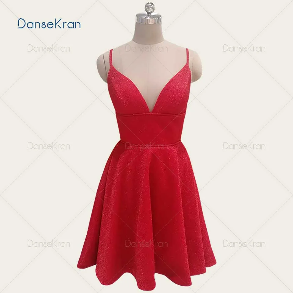 

V-neck Red Shiny Short Homecoming Dresses 2021 Sparkly Cocktail Dresses Spaghetti Strap Zipper Up Back Dresses For Graduation