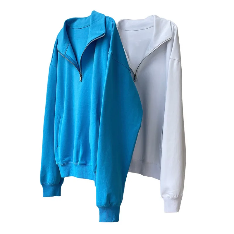 

DEAT 2021 New Women Fashion Loose Solid Color Loose Turtleneck Long Patchwork Zipper Sports Sweater Spring And Autumn 7E1856